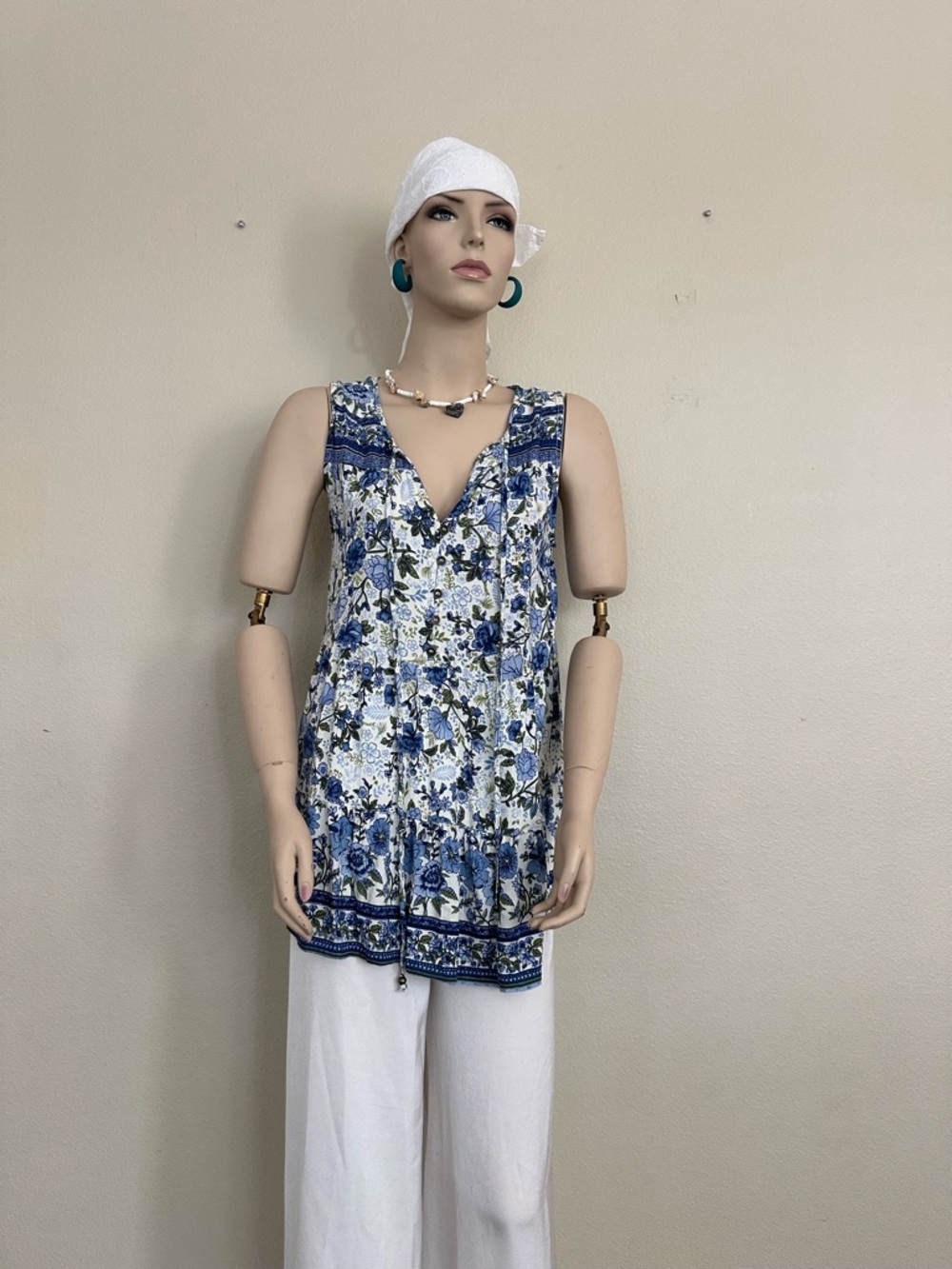 Boho Floral Sleeveless Tunic Top Blue White Tiered